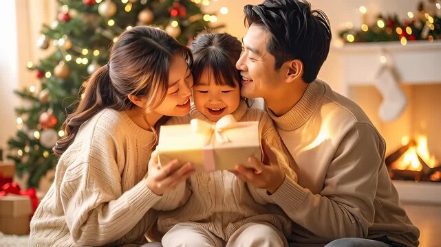 A happy Asian family (parents and daughter) share a Christmas gift with excitement by a glowing tree and fireplace. Symbolizes holiday joy, love, togetherness, and tradition.