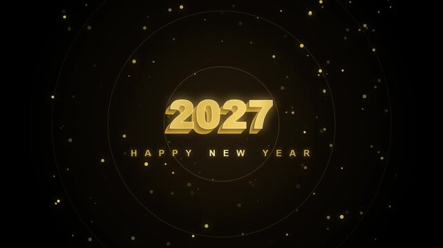 Golden Happy New Year 2027 with circular orbit rings and particles