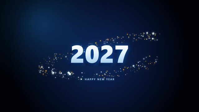 Happy New Year 2027 with sparkling particle swirl on blue