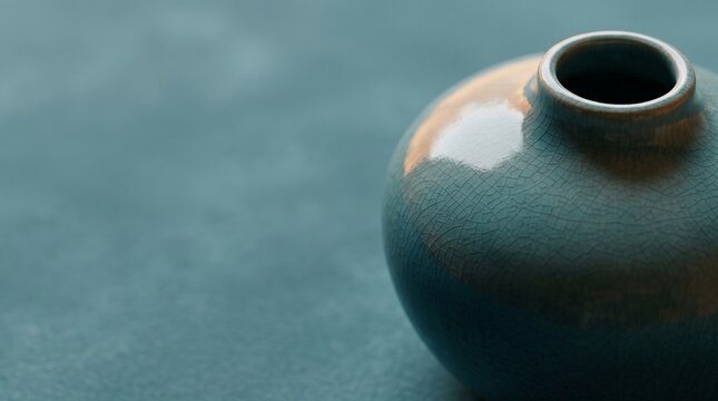Teal ceramic vessel shoulder in warm studio light