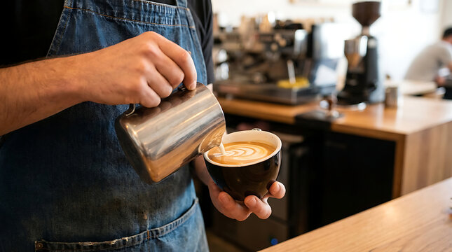 Barista pouring steamed milk into a coffee cup for latte art preparation