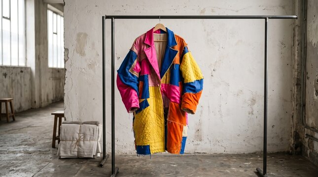 Reclaimed patchwork costume displayed in factory daylight