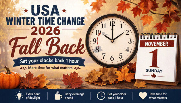 Fall back 2026 usa winter time change clock graphic with transparent background