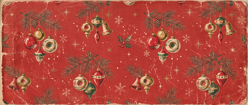 Vintage christmas pattern on distressed red texture background, showcasing retro ornaments, pine branches, pinecones, and snowflakes with charming old-fashioned appeal