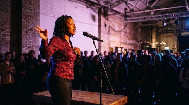 Young poet performs under saturated warehouse lights