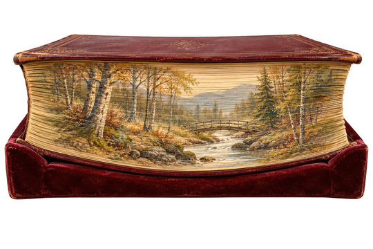 Antique leather bound book with hand painted fore edge scenery isolated