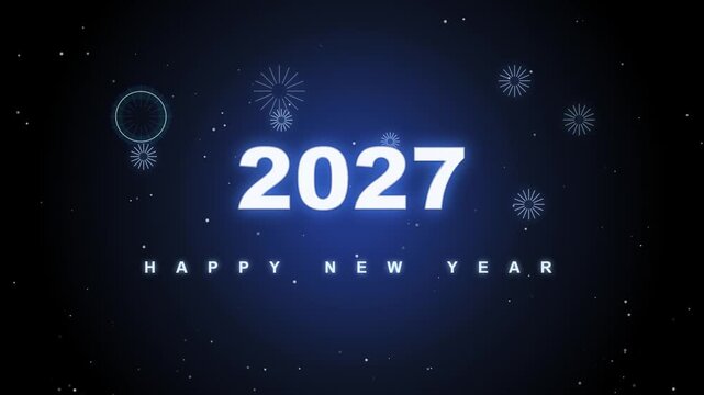 Happy New Year 2027 with blue fireworks on dark background