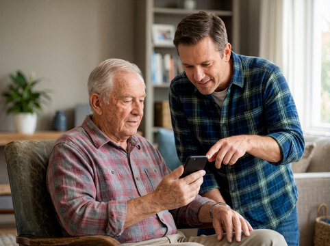 Adult son teaching senior man smartphone security and digital literacy at home