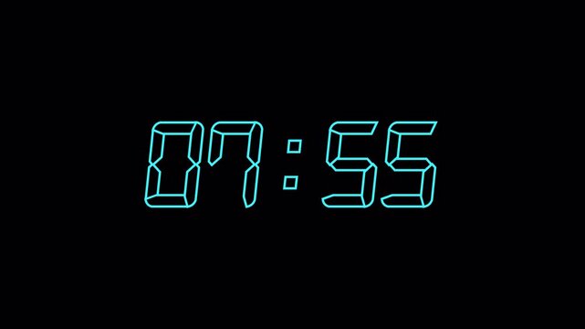 8 Minute Countdown Timer, Neon Digital Clock Animation from 08:00 to 07:00, Glowing Futuristic Time Counter, 1 Minute Countdown, Transparent Background, 4K Alpha Channel