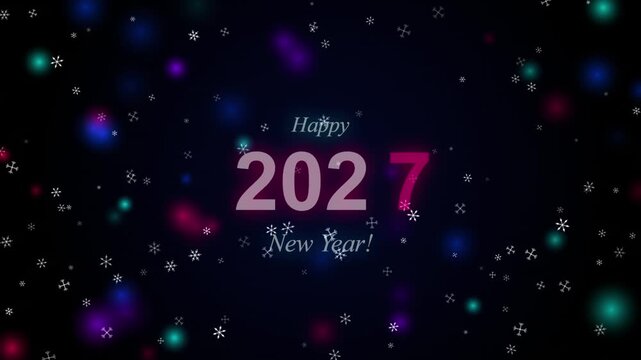 Happy New Year 2027 with colorful bokeh and snowflake particles