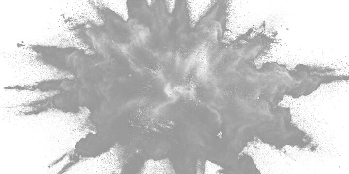Gray powder explosion with smoke and dust particles bursting outward isolated on a white background