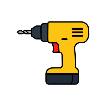 A yellow cordless power drill with a drill bit attached, depicted in a simple flat vector illustration style isolated on transparent background