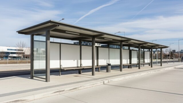 Bus Stop Advertising Mockup Modern bus shelter along an empty beachfront road Vector