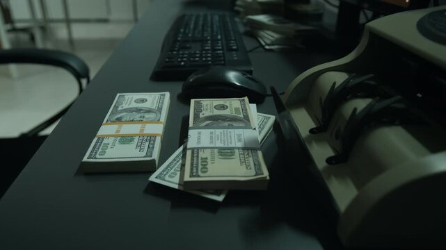 Stacks of hundred dollar banknotes lying on desk near currency counting machine and keyboard. Footage suitable for banking, finance, wealth, or financial crime projects