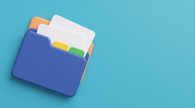 Blue plastic folder with colorful tabs on blue background