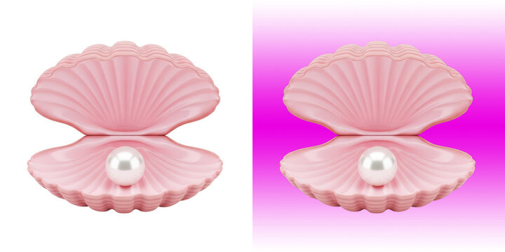 Beautiful pink seashell with a shiny white pearl inside 3D render graphic icon transparent png