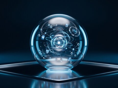 Glowing digital network inside a glass sphere on a reflective surface background