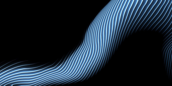 Abstract blue flowing wave lines on black background, elegant luminous contour pattern, futuristic digital ribbon with smooth curves, dynamic motion and modern technology aesthetic