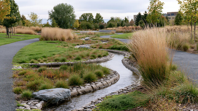 Wide view of an urban rain garden within a flood detention park shallow planted basins and stone lined inlets holding temporary rainwater beside public paths native grasses under soft