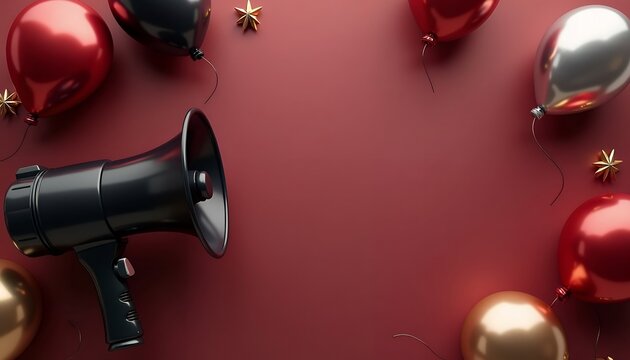 Black megaphone with red, black, and silver balloons on a dark red festive background
