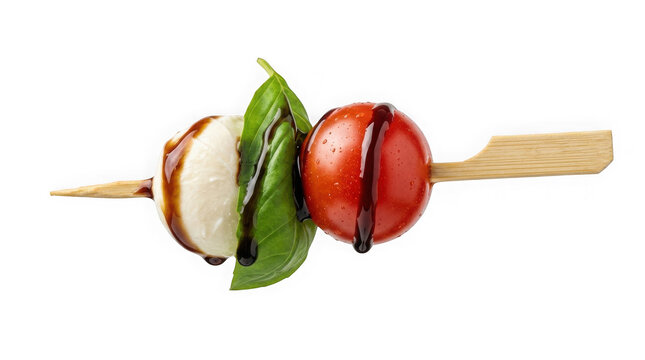 Caprese skewer with mozzarella, tomato, basil and balsamic glaze isolated on transparent background