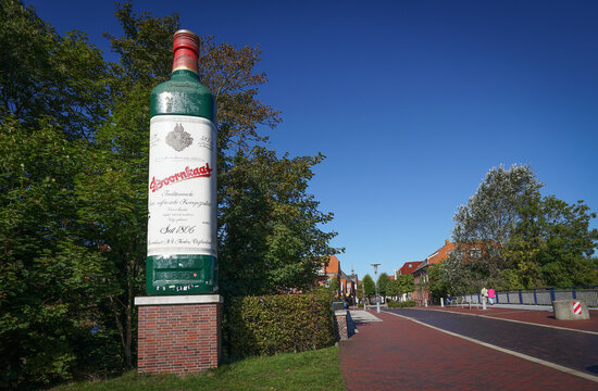 Norden, Germany. September 25, 2026. Large Doornkaat bottle displayed as a local landmark at the entrance to Norden in East Frisia, Germany. 