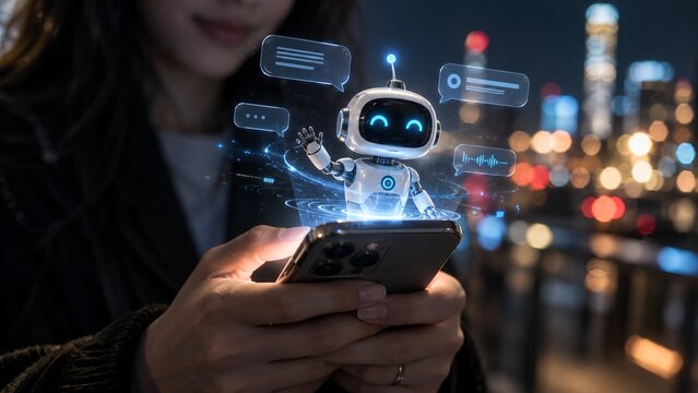 Person holding smartphone with augmented reality chat robot