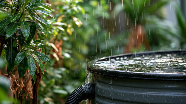 Rainwater harvesting tank collecting runoff in a lush backyard during heavy rainfall visible downspout connection and safe overflow route beside dense wet plants soft gray light and