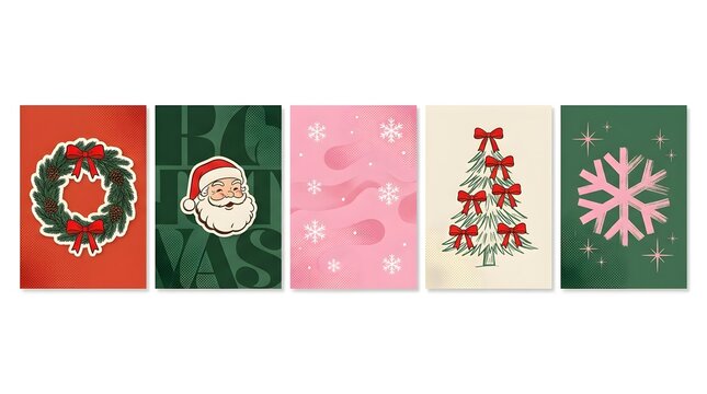 Modern Christmas card collection with bold typography and hand-drawn festive illustrations, featuring Santa, wreaths, Christmas tree and snowflakes in a playful contemporary style.