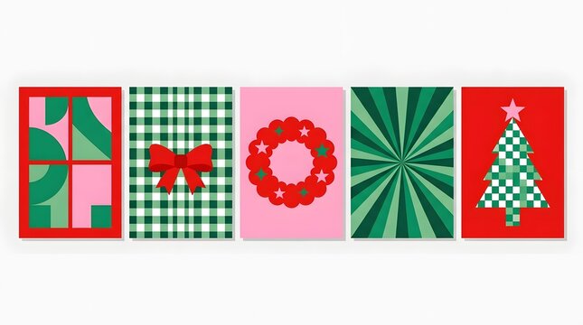 Modern Christmas card collection with b, geometric ornaments and festive illustrations. Ideal for branding, packaging, posters, greeting cards and social media, print.