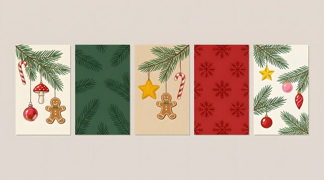 Playful holiday card design with hand-drawn textured illustrations of pine branches, ornaments, candy canes, gingerbread and a star,