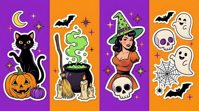 Retro Halloween sticker-style illustration set with a witch, pumpkin, black cat, skull and spooky icons. Cute vintage-inspired graphics for cards, social media, stickers and merchandise.