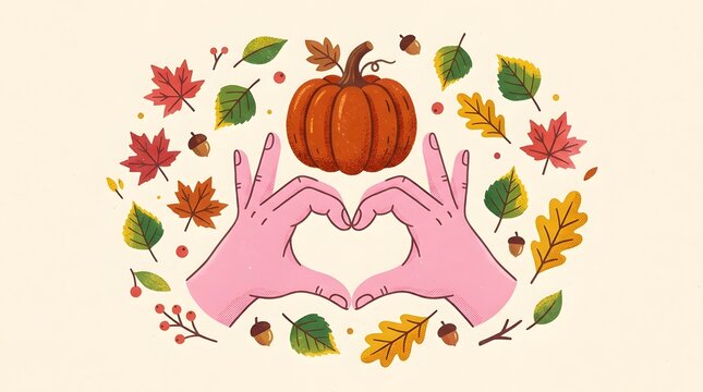 Modern Thanksgiving greeting card featuring a pumpkin, heart shaped hands, colorful autumn leaves . Cozy hand drawn fall illustration for greeting cards, social media, ads