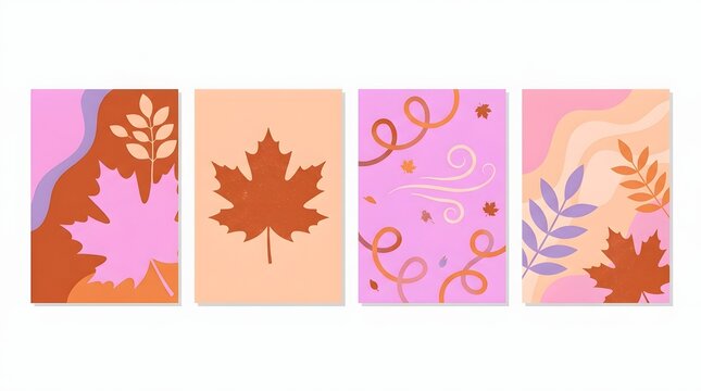 Set of trendy modern art style abstract autumn posters or covers with bright beautiful leaves and plants. Fall background, Sale banner, or flyer design. Template for advertising, web, social media
