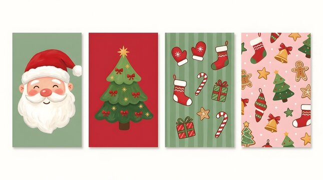 Modern Christmas card collection  featuring Santa, wreaths, Christmas tree 