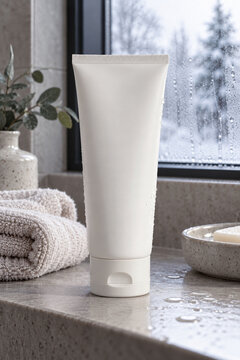 Blank cosmetic tube mockup beside a snowy bathroom window
