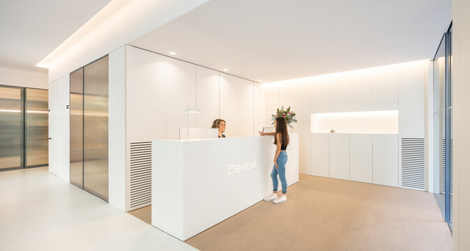 Modern dental clinic reception and waiting room interior