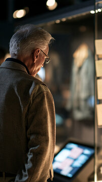 Rear view of an elderly veteran studying a museum display of historical letters and civilian clothing a softly glowing archival touchscreen beside the glass case subdued exhibition