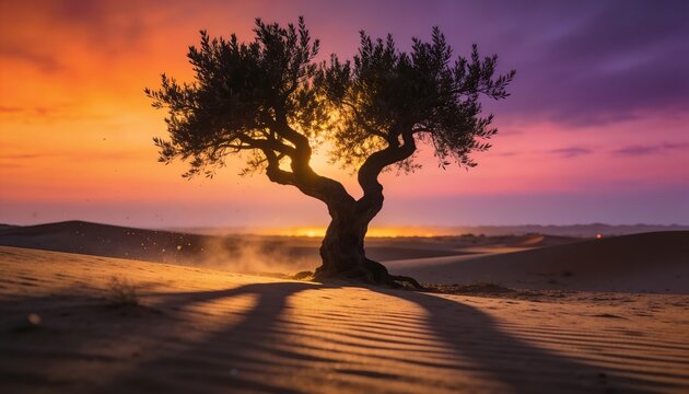 Majestic olive tree standing proudly inside arid desert dunes during vibrant dramatic sunset hours