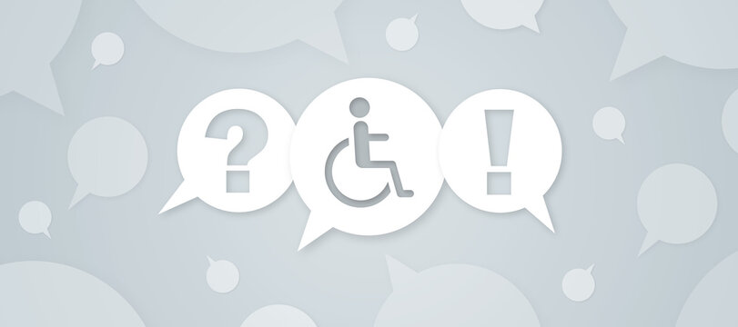A digital graphic banner featuring speech bubbles with a question mark, a disability symbol, and an exclamation mark, designed for a website FAQ section.