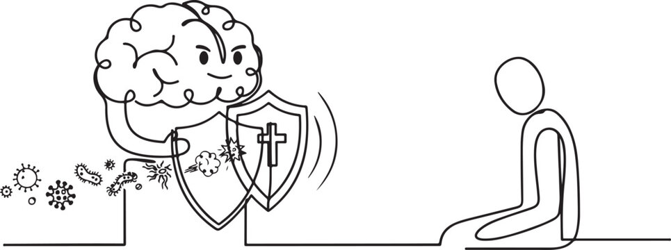 Single continuous line drawing brain mascot or character holding shield for protection. Protecting patient from mental illness germs, microbes fear or phobia. one line Icon drawing