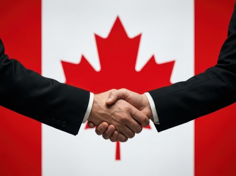 Close up of handshake in business suits set against blurred red and white Canadian flag background