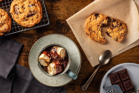 Chocolate chip cookie and hot cocoa dessert table