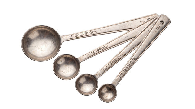 Vintage metal measuring spoons set, antique stainless steel measuring spoons for baking, silver kitchen utensils isolated PNG with Transparent Background