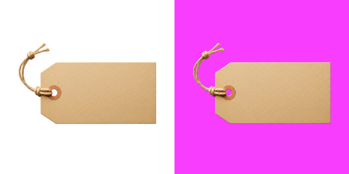 Two brown paper tags with twine attached on pink background transparent png