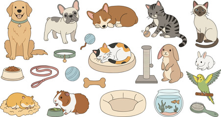 Obraz premium Collection of cute cartoon pets including dogs, cats, a rabbit, hamster, guinea pig, bird, and various pet care accessories on white