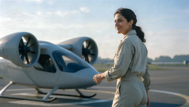 female test pilot walks toward a futuristic vertical-takeoff concept aircraft on the launch pad, copy space for text about the evolution of aviation and the continuation of traditions
