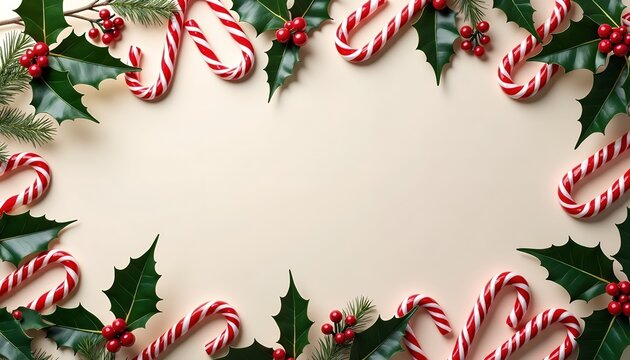 Christmas frame border with red candy canes, green holly leaves, and red berries on beige background