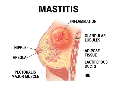 Anatomical illustration of mastitis in female breast with inflammation isolated on white background