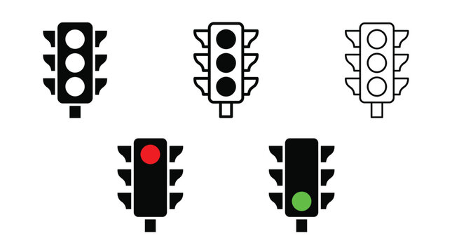 Traffic light icon set in solid, outline, and colored flat styles. Includes red and green stoplight symbols. Essential vector icons for transportation, driving rules, and navigation.